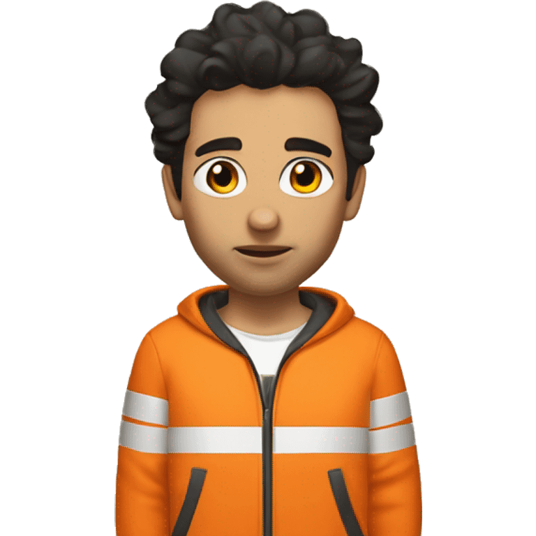 Male prisoner with messy dark hair in an orange tracksuit with the number 222   emoji