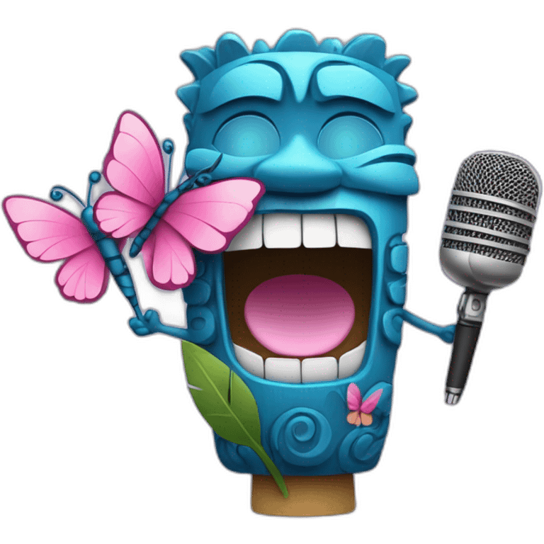 Cartoon Blue and pink tiki singing with butterfly and in the mikrophone emoji