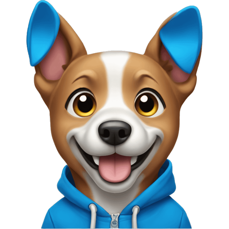 Happy dog wearing a blue hoodie emoji