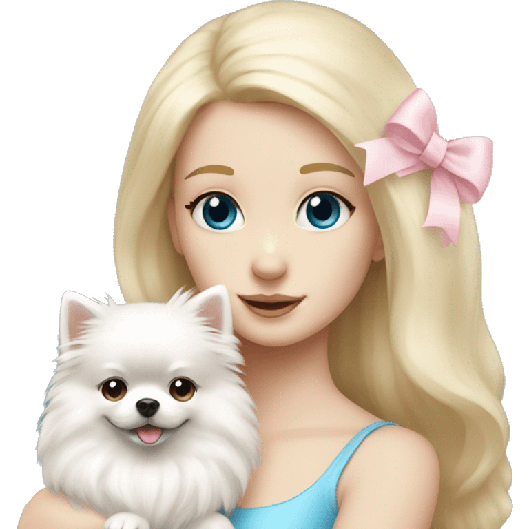 Blond girl white skin blue eyes hugging white Pomeranian with light pink bow emoji