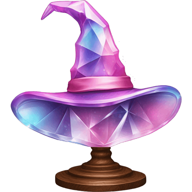 crystal sculpture witch hat with whimsical design. The hat is standing upright on a wooden stand with angular and baroque features. The vibrant midtone tints of pastels and pink highlights the sharp edges and planes.  emoji