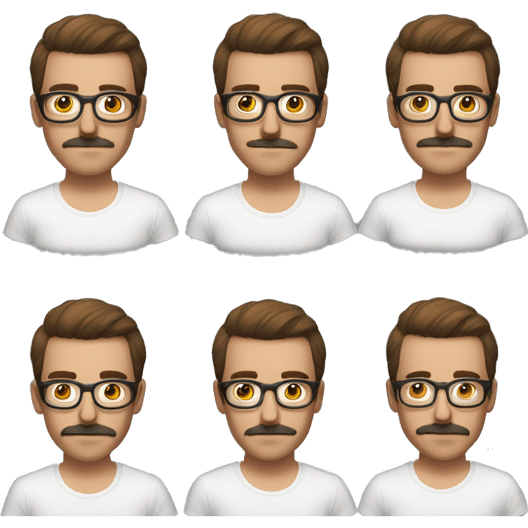 Young man with a short beard, brown hair and a moustach, waring a white tshirt and transparent glasses emoji