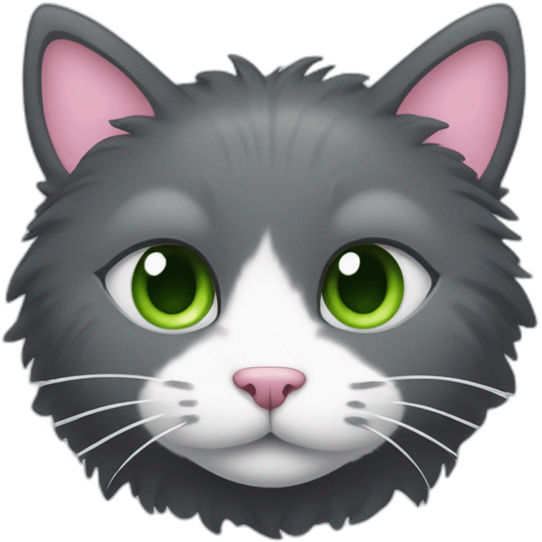 fluffy dark grey cat with pink nose with small grey spot on the right side of the nose, white circle spots near the nose, green eyes and white long whiskers emoji