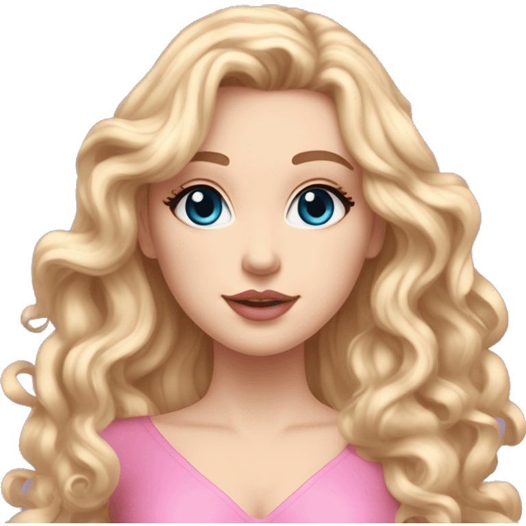 White girl 🧝🏻‍♀️, blue eyes, blond very long curly hair, pink lips, black arrows and brown eyeshadows, pink sexy dress. Background long. Magnolia 🌸 levitate. emoji