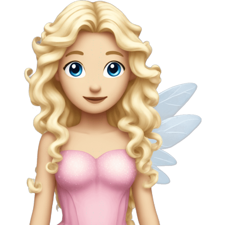 Fairy, a blonde hair with blue eyes and a pink dress with sparkly wings. White wings. The fairy has long, curly hair with a lot of volume emoji