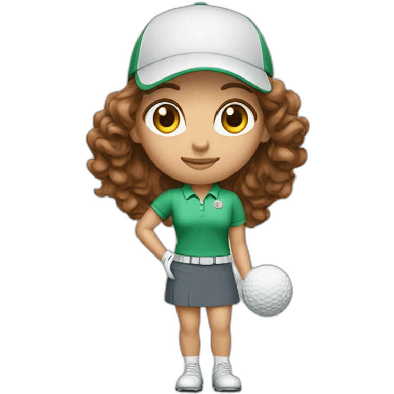 female with brown wavy hair dressed in golfwear holding golf ball emoji