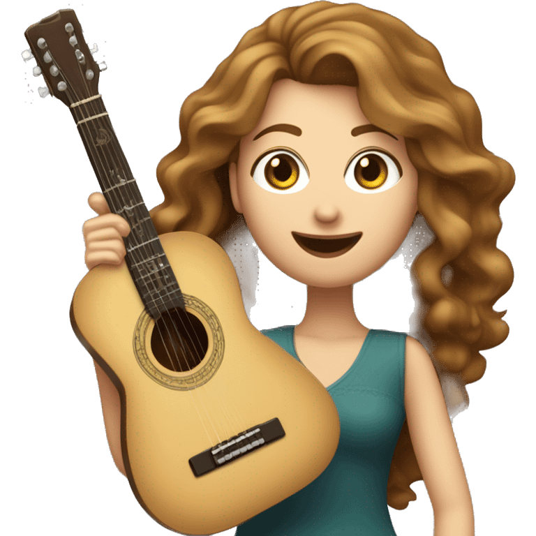 Une Femme caucasienne aux cheveux long brun ondulé qui chante dans un micro et joue de la guitare  emoji