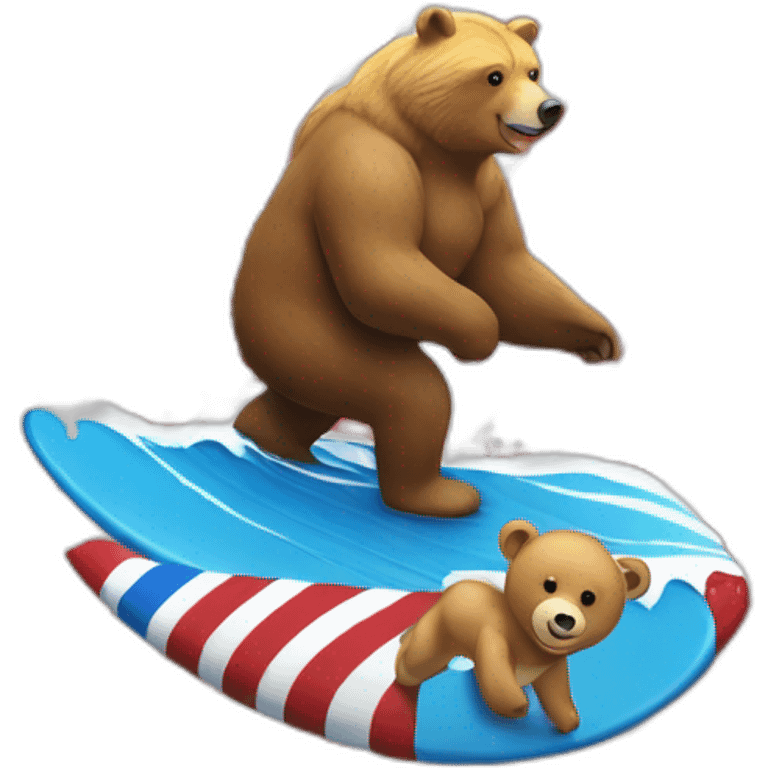 Donald trump and a bear on a surf zing the American flag emoji