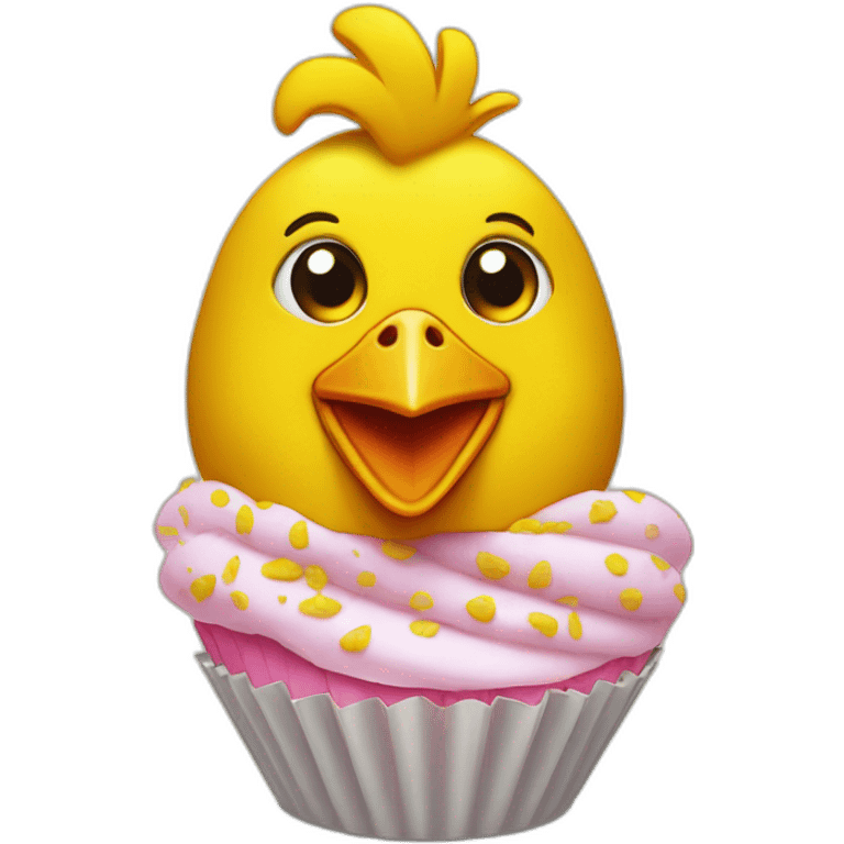 Chica is a yellow animatronic chicken with a bib and a cupcake emoji