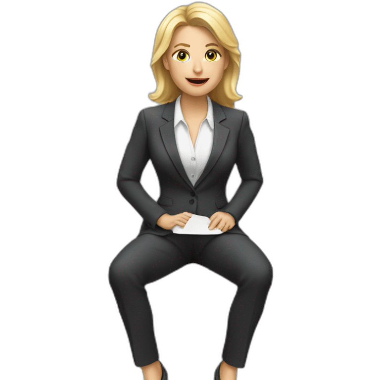 Blonde white woman wearing a suit sitting on the table telling the news towards the camera emoji