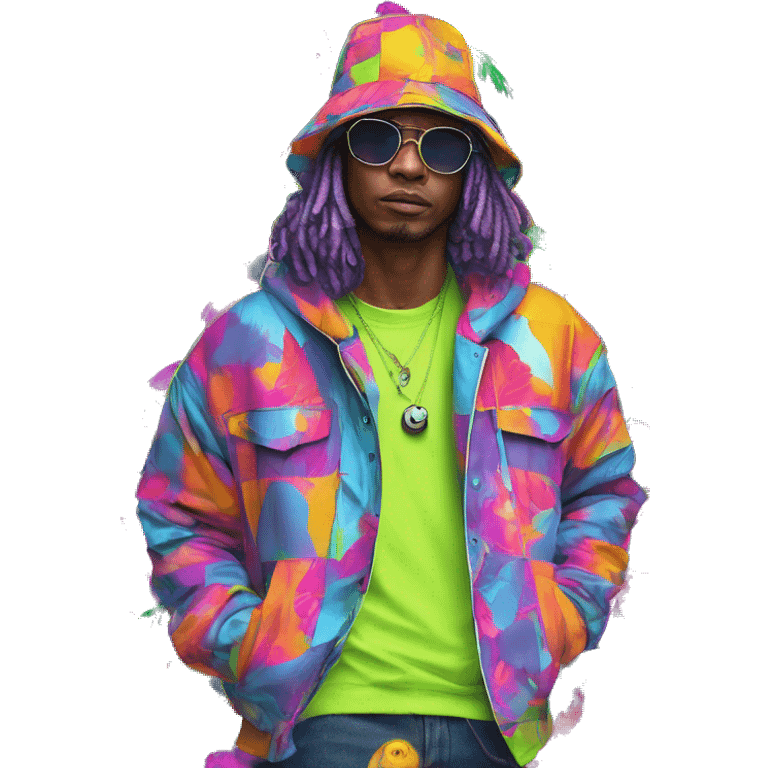 Multicoloured neon person smoking wearing patchwork patterned hippie groovy retro hoodie dancing hip hop bucket hat tropical Skater fashion aesthetic baggy clothes graphic t shirt 420 emoji