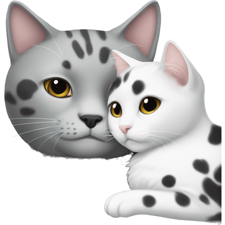 gray cat and white cat with black spots cuddleing emoji