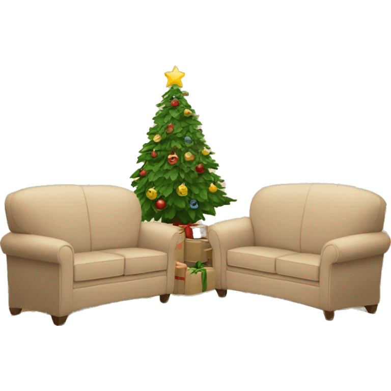 beige sofa books and christmas tree emoji