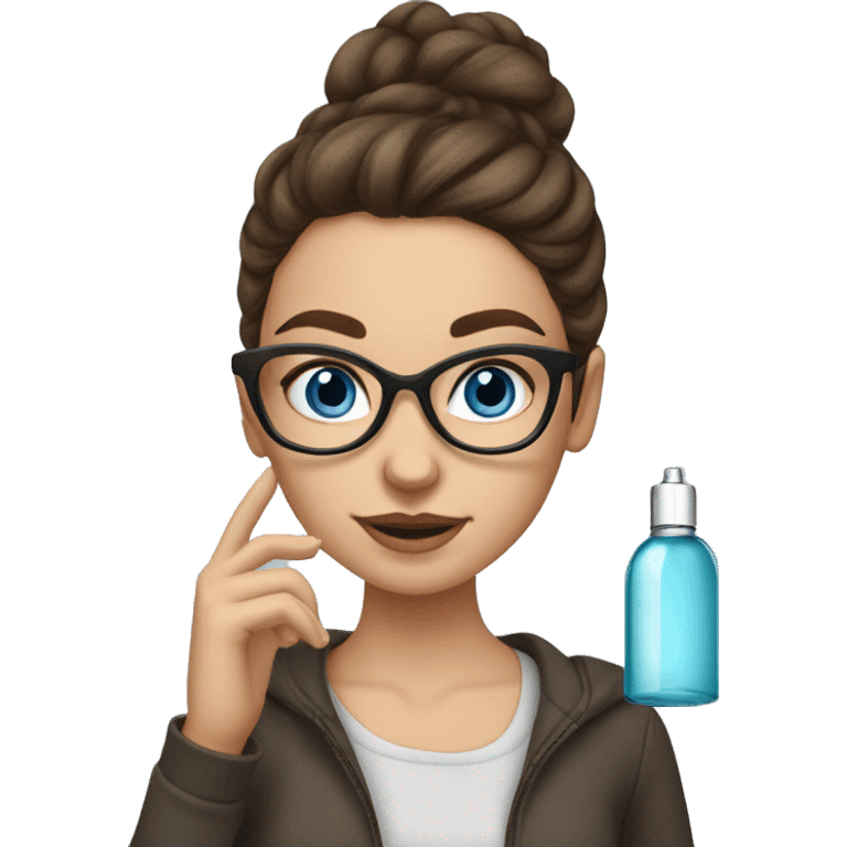 Medium length brown haired girl with blue eyes wearing glasses. Girl is spraying perfume emoji