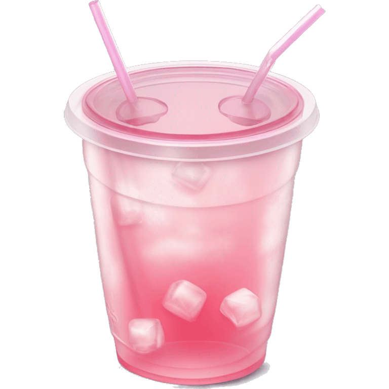 Realistic plastic cup and lid with Transluscent light pink soda and large ice cubes inside and one straw through the top of the lid. emoji