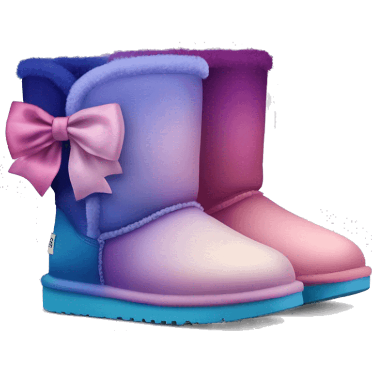 Realistic pair of pastel pink,dark pink ,light blue,dark blue, light purple and dark purple ombre Ugg fur boots with silk ribbon bows. emoji