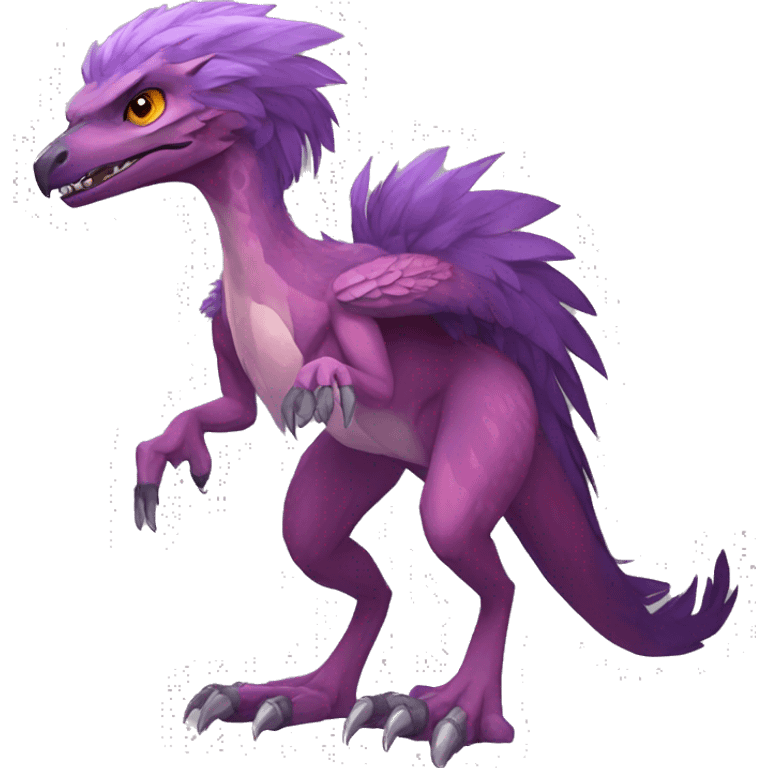 Mauve-maroon-red-violet-colored anthro-raptor-scalie-sona-Fakémon-hybrid with a mane on head and back full body emoji