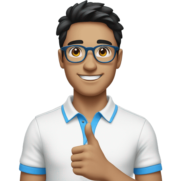 happy young man in his 20s, with black hair, blue eyes and light blue round glasses, white polo shirt with blue collar, pointing with his finger to the side emoji