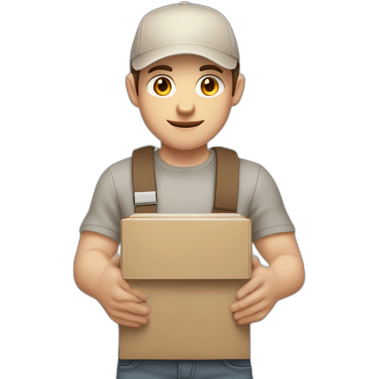 Pale skinned fit Man with dark brown hair in a beige cap, gray jeans, brown polo and white T-shirt keeping a pasted with tape white box into his hands emoji