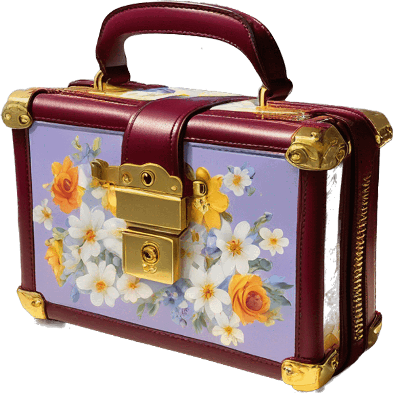 Dolce and Gabbana small burgundy box bag with colourful light lavender blue white yellow orange summer print and golden detais   emoji