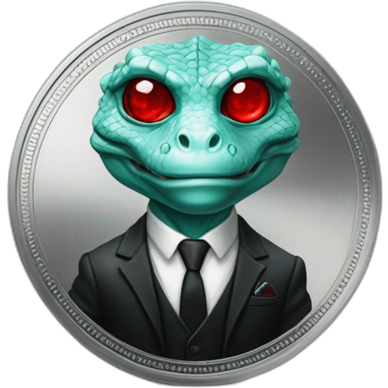 Aquamarine reptilian in classic black suite with red laser eyes on the middle of platinum coin emoji