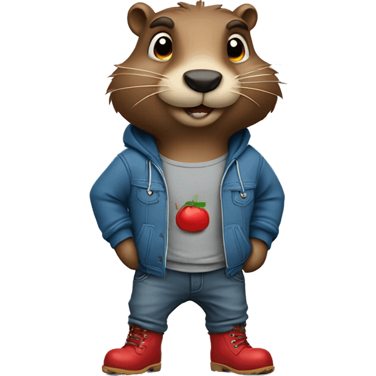 Beaver standing and wearing grey sweatshirt with blue jeans and red boots, he looks chill emoji