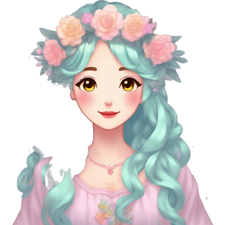 Gorgeous Shiny Colorful Pastel Anime Style Mature Lady with blushing face and pretty hair with a flower crown and antlers pastelcore kawaii cottagecore fairycore aesthetic trending style emoji