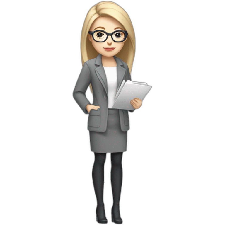 full height pale skin woman with cold blonde straight hair, care haircut, White blouse, Gray oversize jacket, Gray skirt and metal glasses holding a color palette in the hands emoji