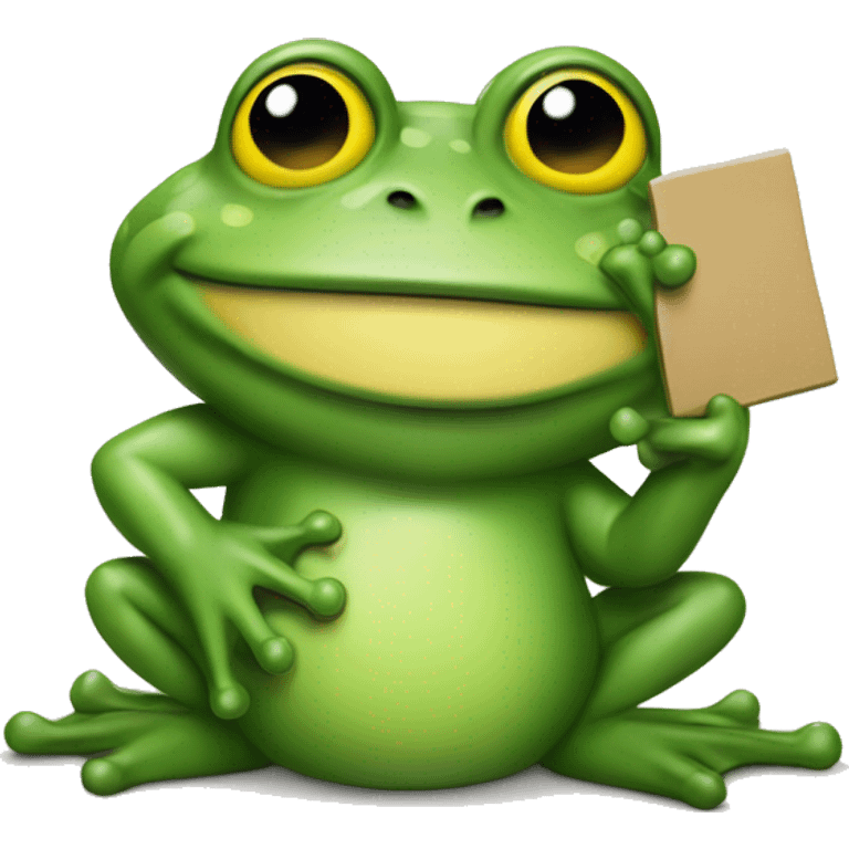 I needs a green frog holding a sign and on that sign this will written Soja bhodike  emoji