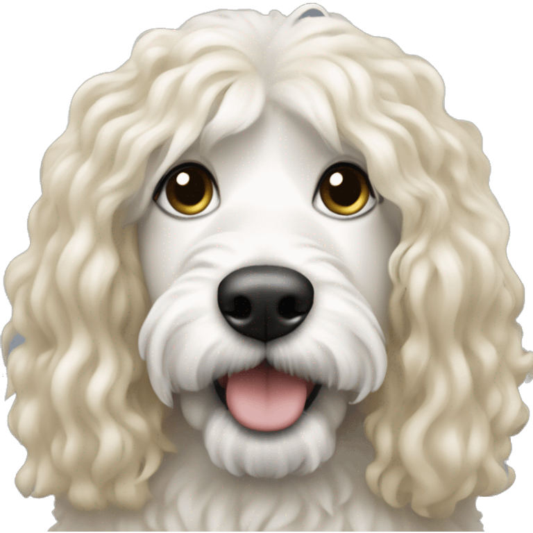 white woman with long blonde hair with a black and white colored bernadoodle dog  emoji