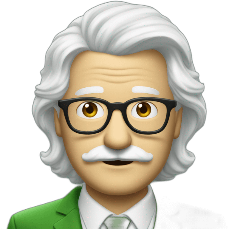 meester frank visser white hair, white mustache and glasses. Nice green suite emoji