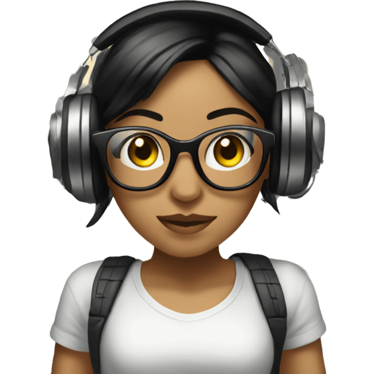 Girl with light olive skin and black hair with glasses on with headphones on a dj mixer emoji