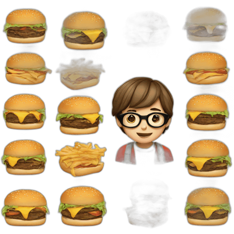 A 12-year-old boy with short brown hair and glasses eats a burger emoji