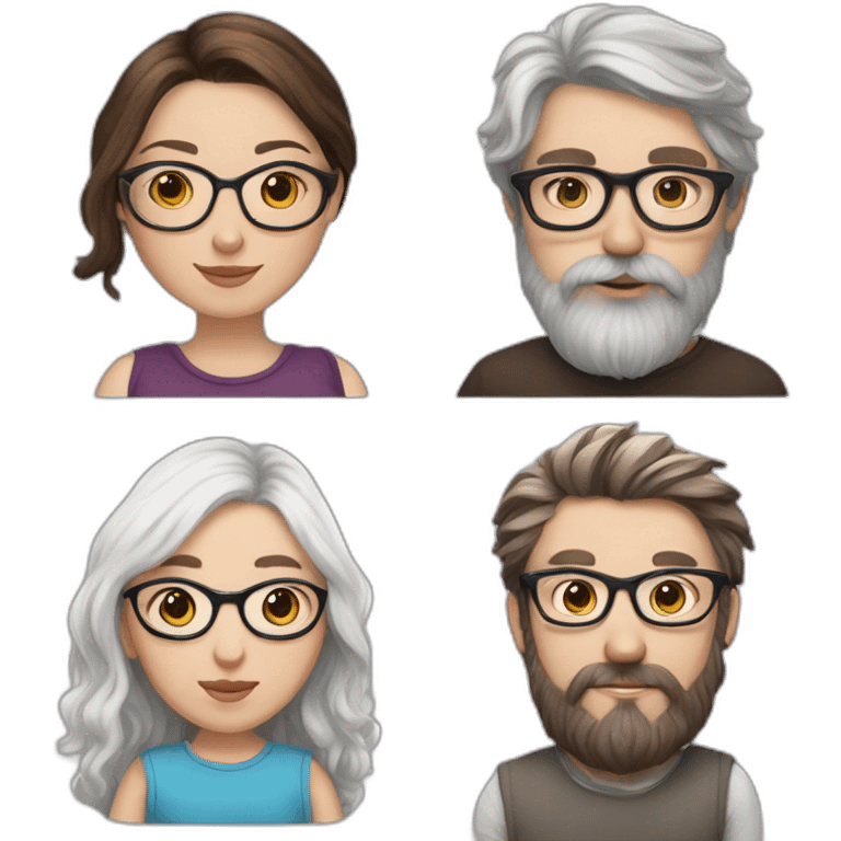 Hyperrealist Pregnant girl with half long brown hair with glasses, a boy with long beard, glasses and short hair and english sheepdog emoji