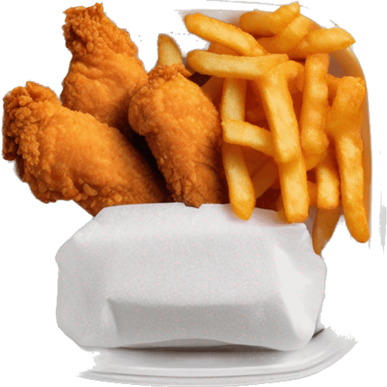 3 chicken tenders with crinkle fries and orange sauce on the side in a styrofoam container styrofoam container emoji