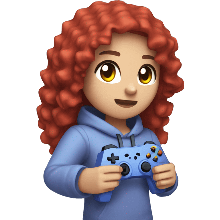 a white minecraft  girl with long red curly hair, wearing periwinkle Minecraft hoodie holding a controller emoji