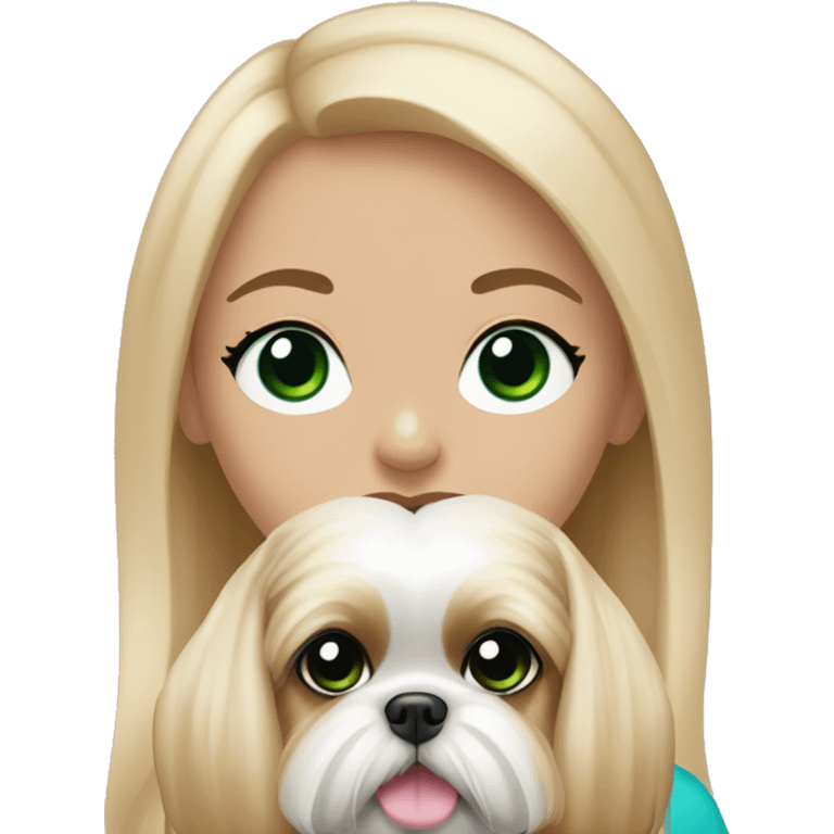 Girl with long blonde hair, and bright blue and green eyes and pink lipstick who is holding an all beige shih tzu dog  emoji