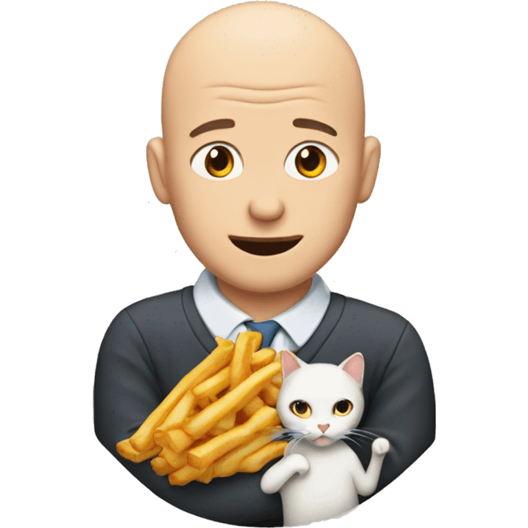 Bald man eating a fry hugging a cat emoji