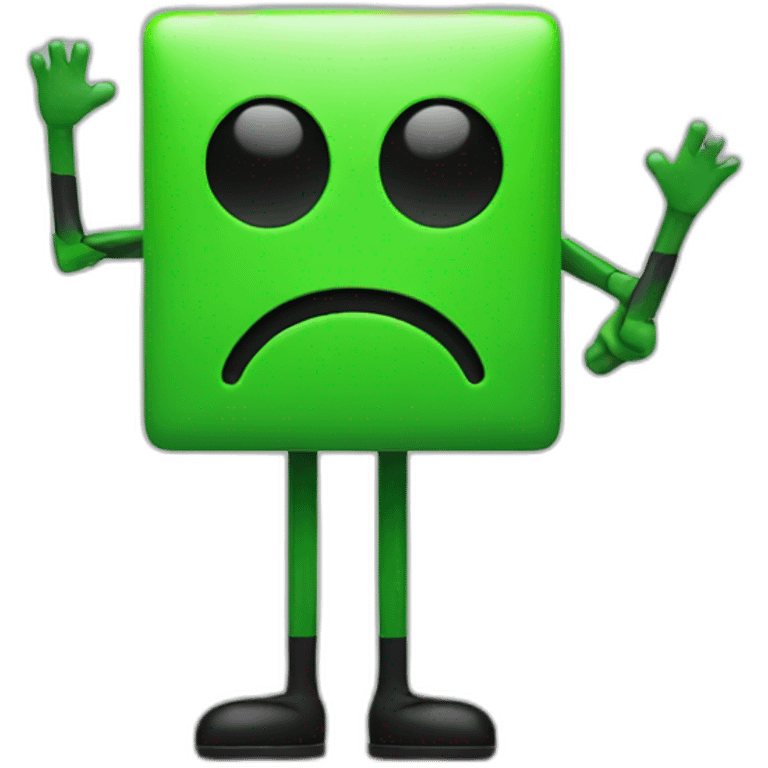 a green square with a smiley face with black stick arms and legs emoji