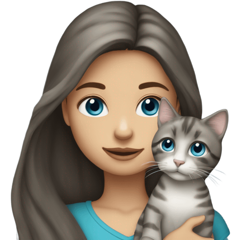 long haired brunette blue eyed girl holding grey tabby cat emoji