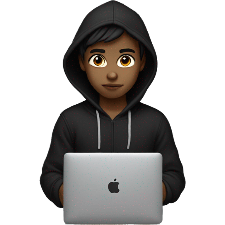 indonesian white skin boy wearingblack-hoodie with macbook emoji