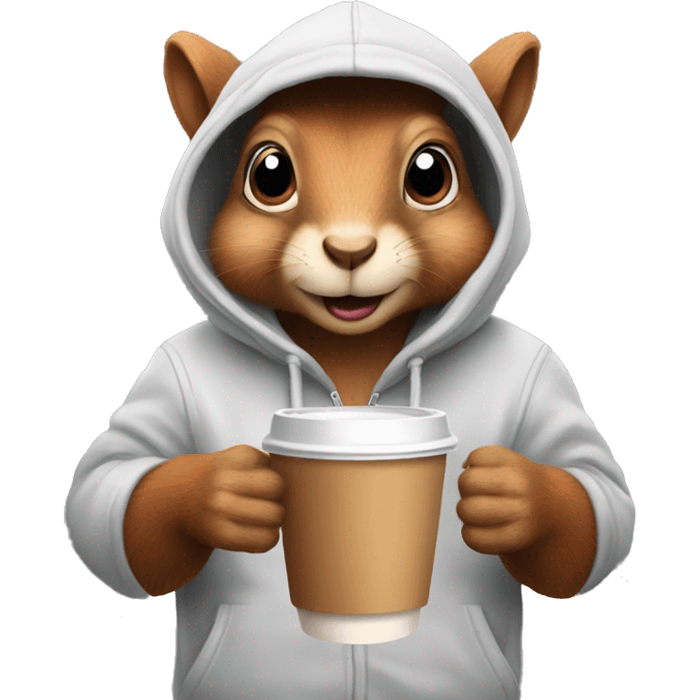 Squirrel wearing a hoodie with coffee emoji