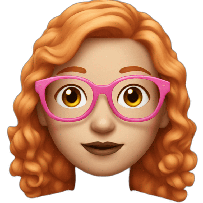 Ginger girl with makeup and pink glasses, shoulder length hair, wearing pink emoji