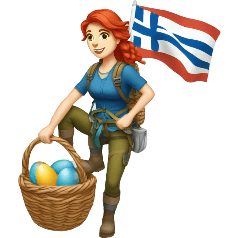 Female mountaineer red hair climbing with Easter eggsbasket and Greek flag emoji