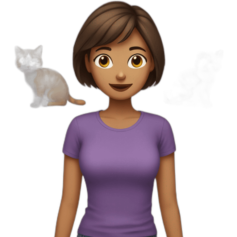 woman with brunette short hair playing with two cats emoji