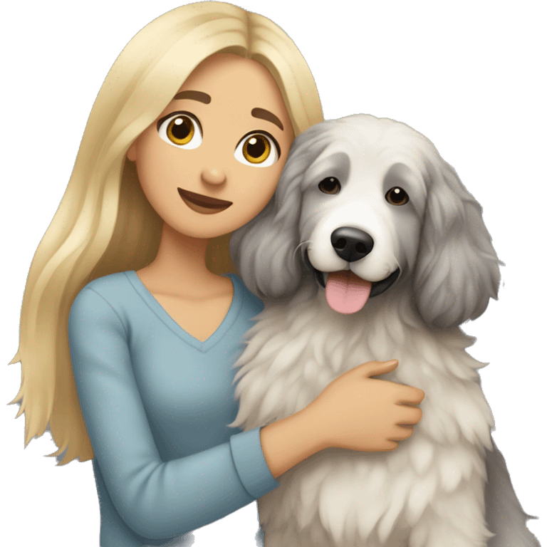 Girl blond long straight hair cuddling with mixed grey dog bernedoodle emoji