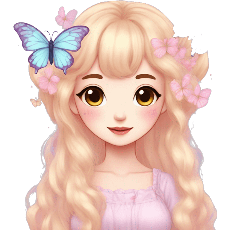 Cute kawaii gorgeous pretty anime cartoon pastel lady with butterflies and beautiful hair fairycore cottagecore emoji