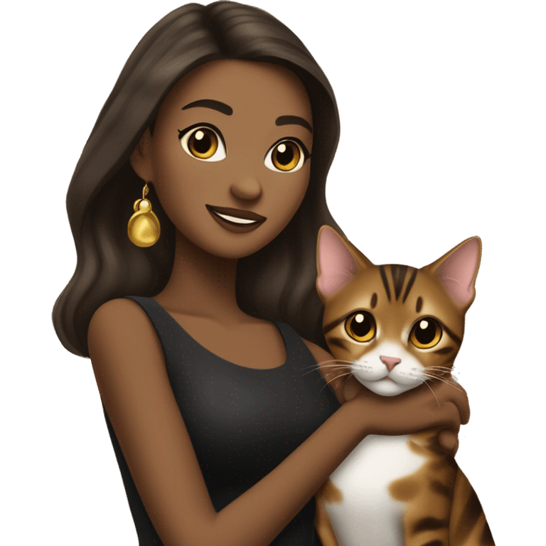 Beautiful skinny woman long dark brown hair in dark dress with gold earrings hug bengal cat emoji