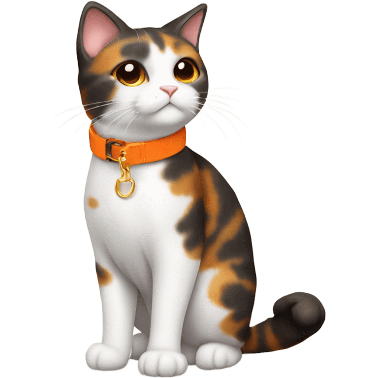 happy cute tortoiseshell white cat with orange cat collar full body from half side perspective  emoji