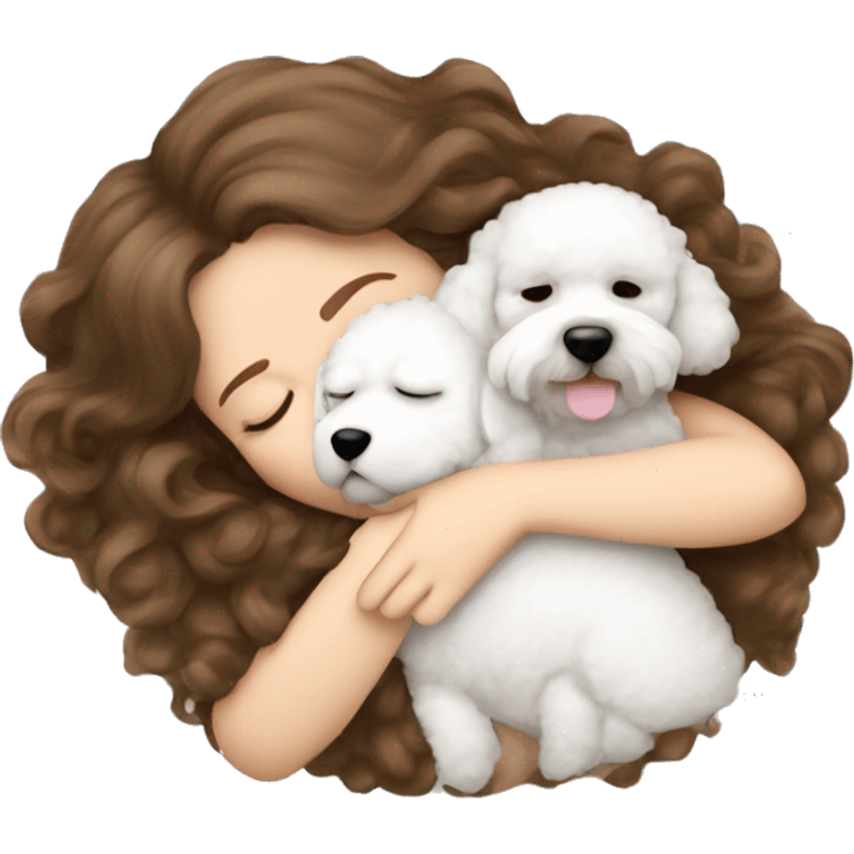 White girl brown hair sleeping with Mini Bichon emoji